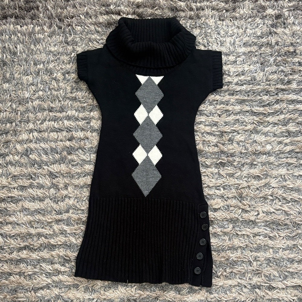 Knit Minded Black White Grey Argyle Sweater Midi Dress, Size S